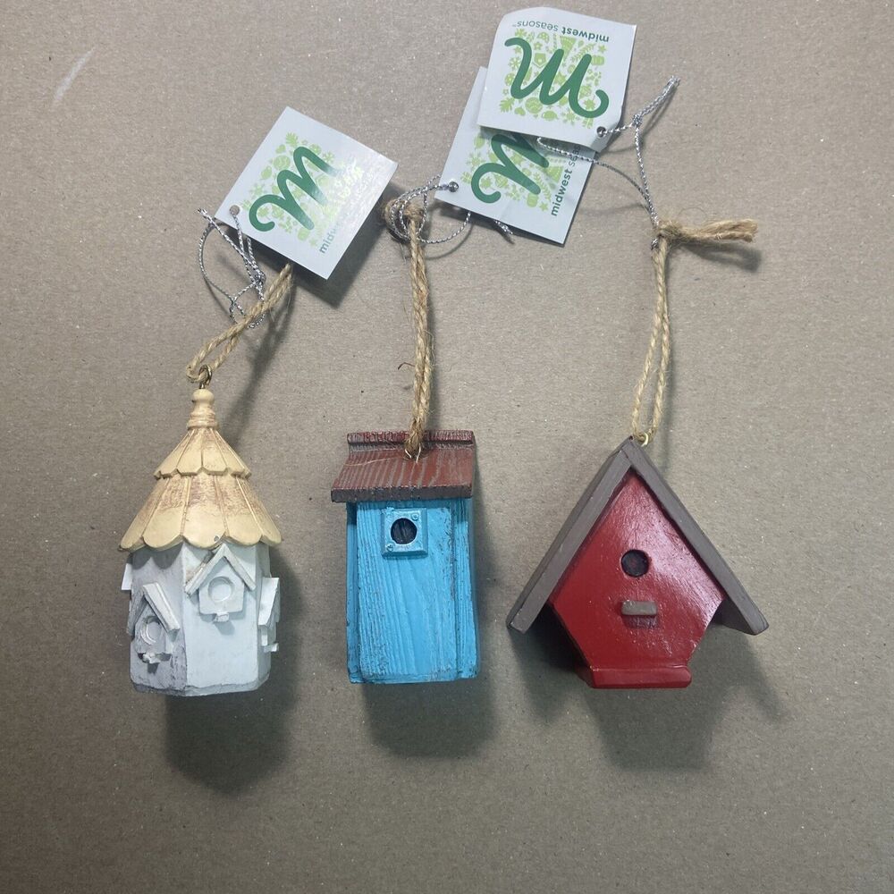 Midwest Ornaments Blue White Red  NWT Birdhouse Hanging Christmas  Lot of 3